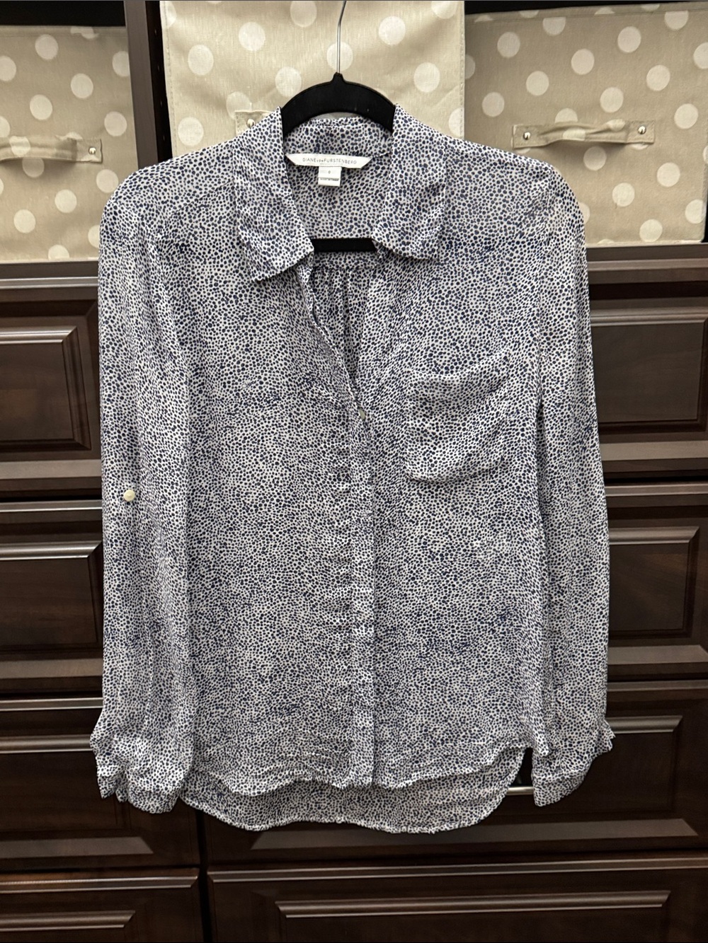 Women's Blue Micro-Print Button-Down Silk Blouse- Lightweight Collared Top